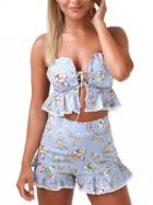 Choies Blue Floral Lace Up Front Ruffle Crop Top And High Waist Bottom