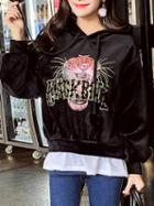 Choies Black Velvet Drawstring Print Tiger Long Sleeve Hoodie