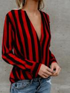 Choies Red Stripe V-neck Long Sleeve Chic Women Blouse
