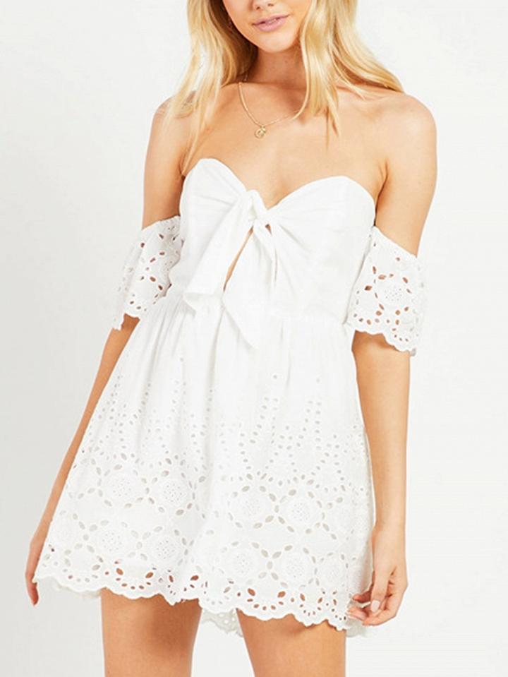 Choies White Cotton Off Shoulder Tie Front Open Back Chic Women Mini Dress
