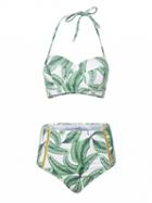 Choies Green Leaf Print Halter Padded Bikini Top And High Waist Bottom