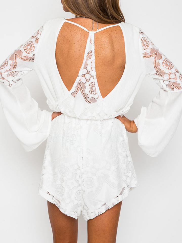Choies White Deep V-neck Cut Out Back Lace Panel Romper Playsuit