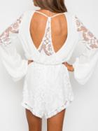 Choies White Deep V-neck Cut Out Back Lace Panel Romper Playsuit