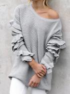 Choies Gray Ruffle Trim Long Sleeve Chic Women Knit Sweater