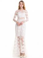 Choies White Embroidery Long Sleeve Sheer Mesh Maxi Lace Dress