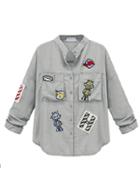 Choies Gray Robot Print Pocket Button Long Sleeve Shirt