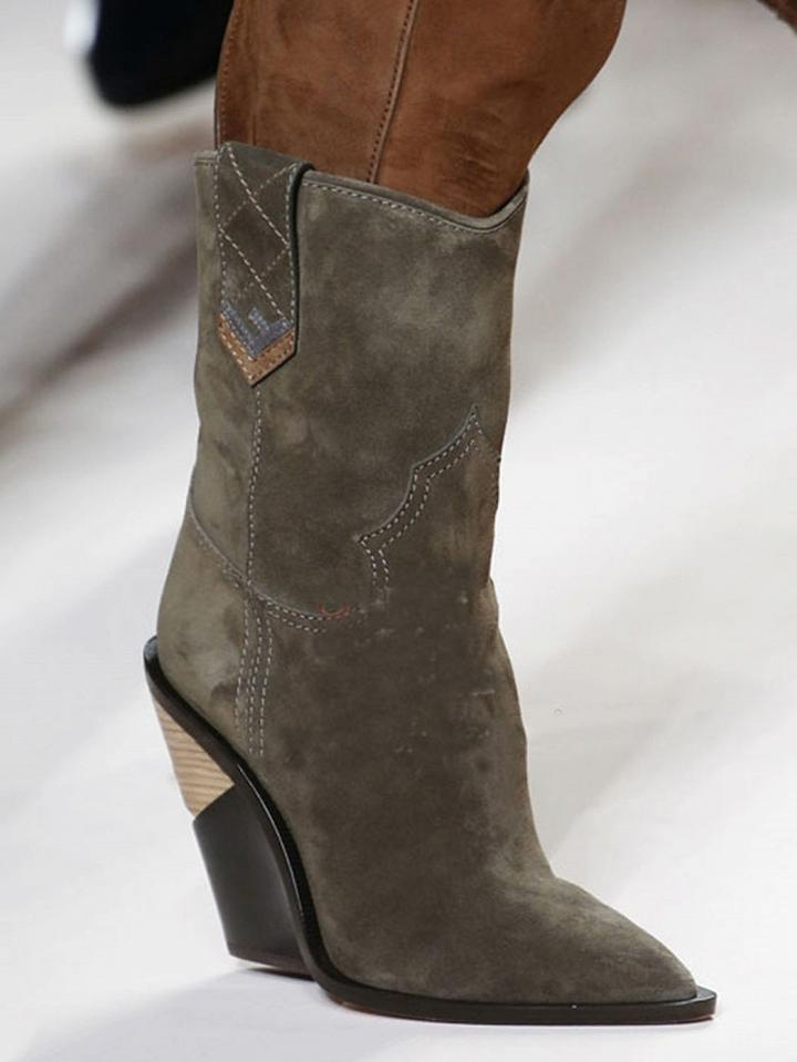 Choies Army Green Microfiber Gap Detail Pointed Toe Chic Women Heeled Boots