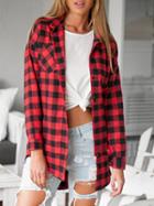 Choies Red Plaid Print Long Sleeve Pocket Detail Dipped Hem Shirt