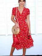 Choies Red V-neck Floral Print Puff Sleeve Midi Dress