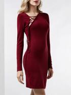 Choies Red Lace Up Front Long Sleeve Knitted Mini Dress