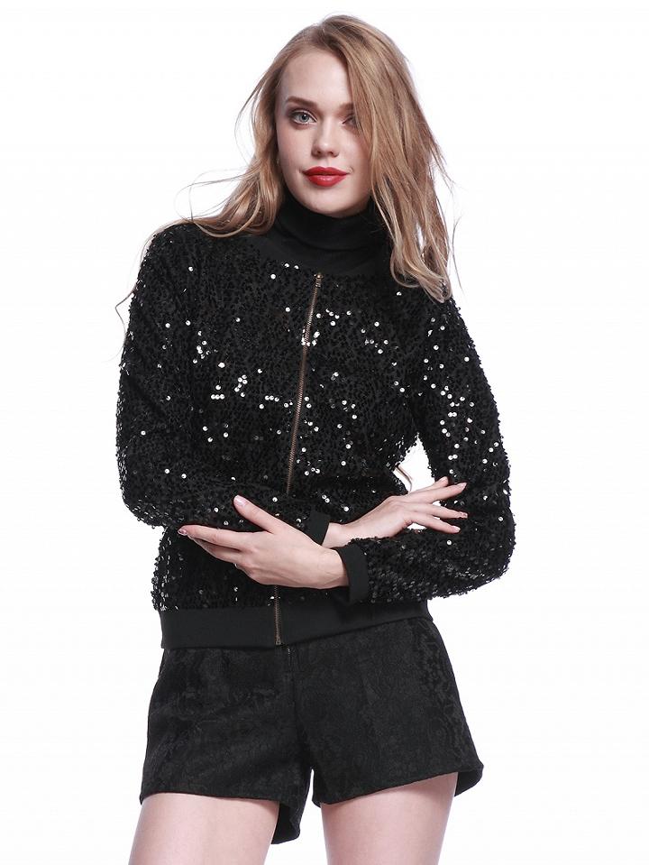 Choies Black Sequins Zip Up Bomber Jacket
