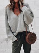 Choies Light Gray V-neck Long Sleeve Women Knit Sweater