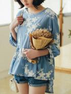 Choies Blue Embroidery Floral Ruffle Dipped Hem  Blouse
