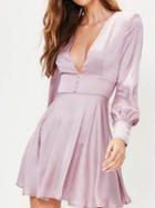Choies Pink Satin Look Plunge Puff Sleeve Women Mini Dress