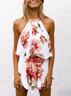 Choies White Chiffon Floral Print Chic Women Crop Top And High Waist Short