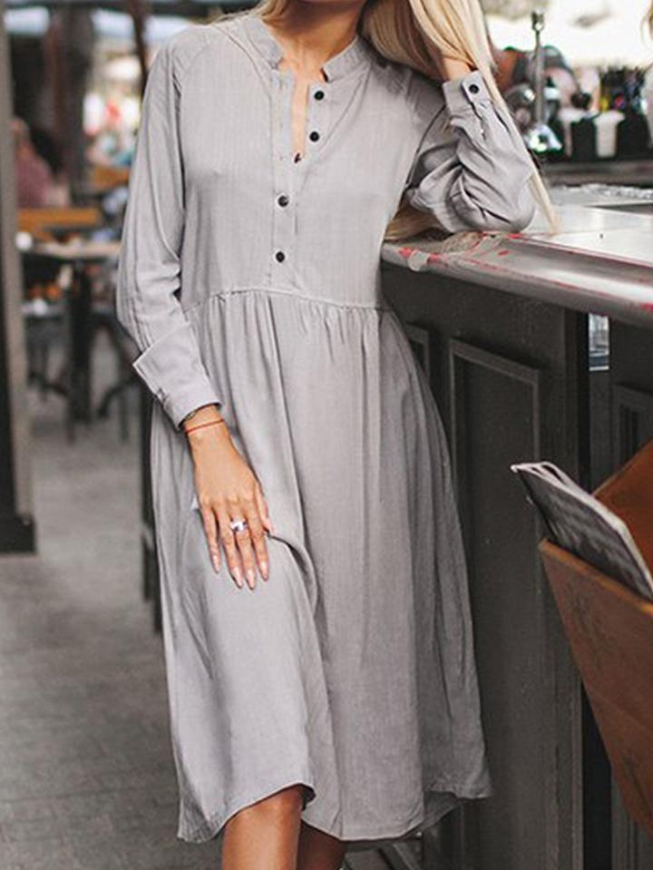 Choies Gray Cotton Blend Button Placket Front Long Sleeve Chic Women Dress