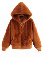 Choies Brown Fluffy Zip Front Long Sleeve Faux Fur Hooded Coat