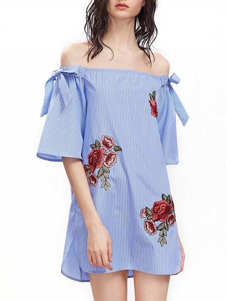 Choies Blue Stripe Off Shoulder Embroidery Flower Bow Detail Mini Dress