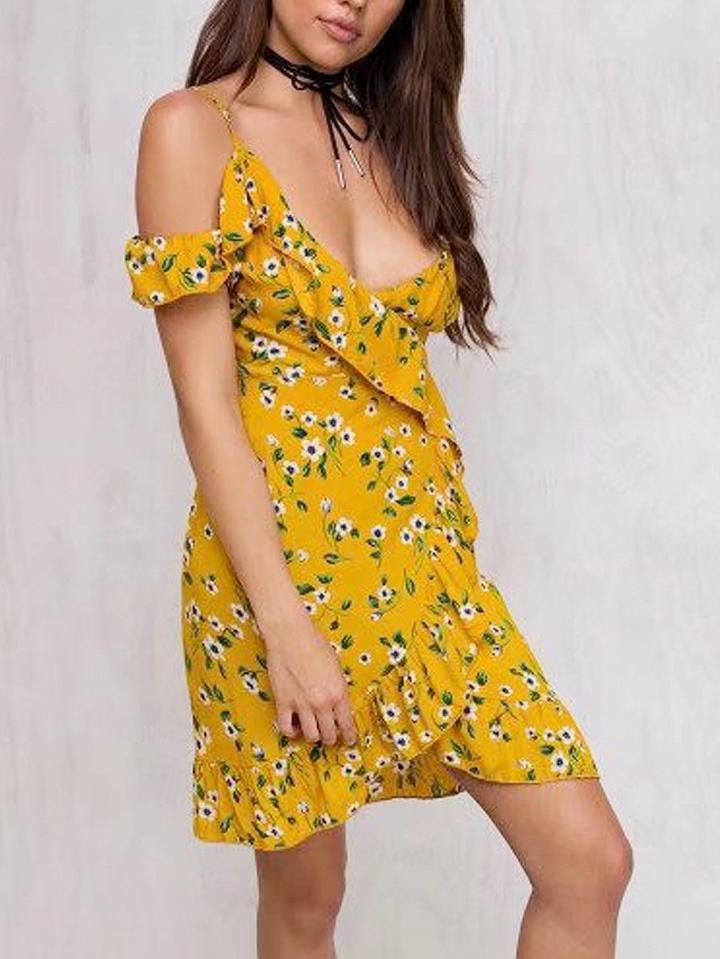 Choies Yellow V-neck Cold Shoulder Ruffle Trim Tie Waist Strap Mini Dress