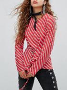 Choies Red Stripe Lace Up Front Long Sleeve Blouse