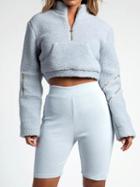 Choies Blue High Neck Long Sleeve Chic Women Faux Shearling Crop Sweatshirt