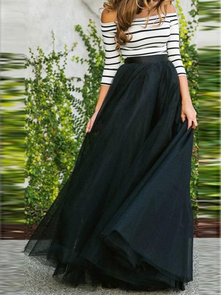 Choies White Stripe Contrast Off Shoulder Maxi Dress
