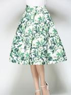 Choies Green Floral High Waist Midi Prom Skirt
