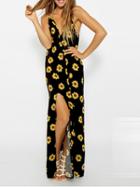 Choies Black Sunflower Print V Back Strap Split Dress