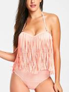 Choies Pink Halter Tassel Trim Open Back Swimsuit