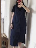 Choies Dark Blue V-neck Layered Asymmetric Hem Chic Women Cami Midi Dress