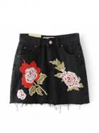 Choies Black High Waist Embroidery Floral Raw Hem Denim Mini Skirt