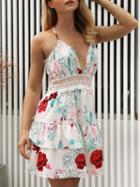 Choies Beige Plunge Floral Print Open Back Layered Hem Cami Mini Dress