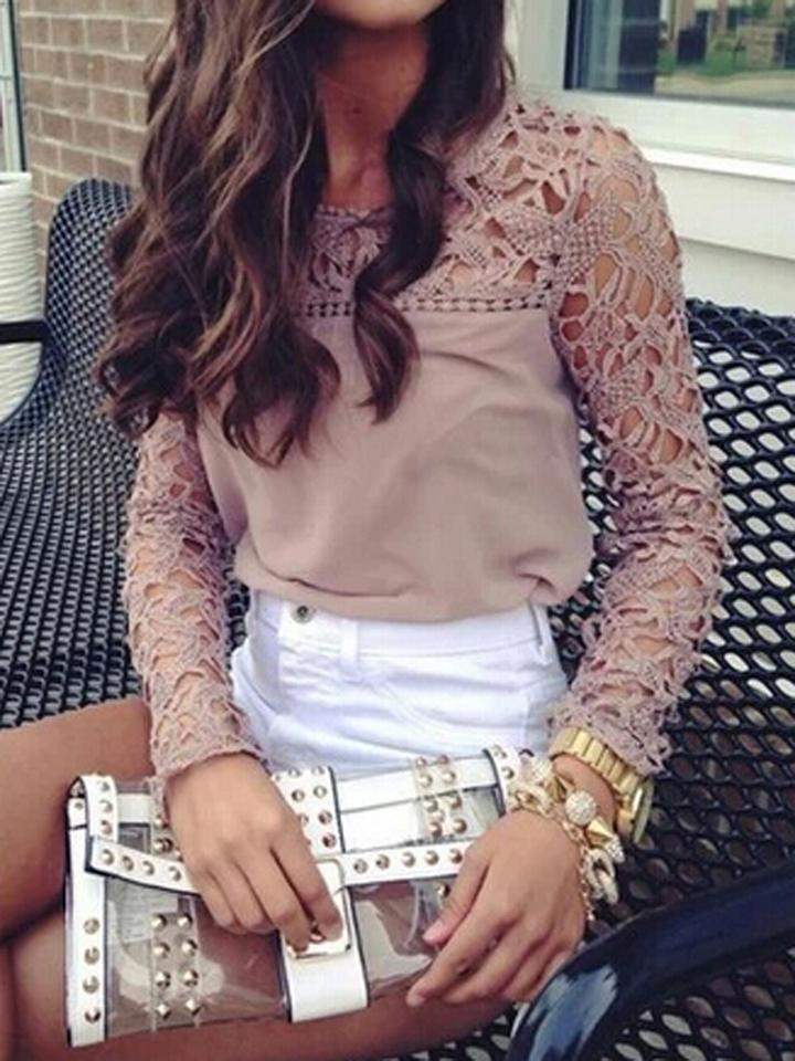Choies Rosey Brown Crochet Lace Panel Long Sleeve Blouse
