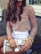 Choies Rosey Brown Crochet Lace Panel Long Sleeve Blouse