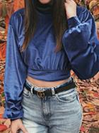 Choies Royal Blue Velvet High Neck Long Sleeve Chic Women Crop Top