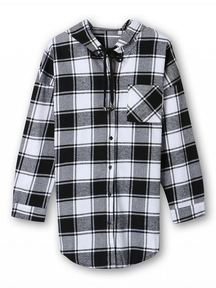 Choies Gray Check Print Hooded Shirt