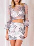Choies Polychrome Embroidery Mesh Bell Sleeve Crop Top And Mini Skirt