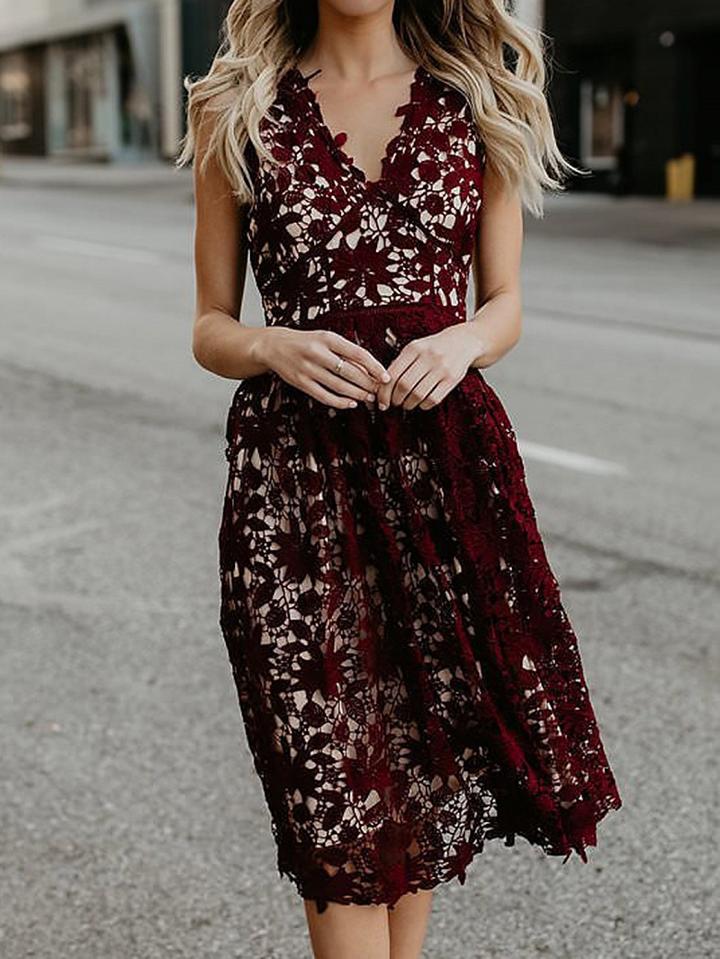 Choies Burgundy V-neck Lace Overlay Dress