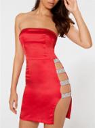 Choies Red Satin Look Bandeau Sequin Detail Split Side Mini Dress