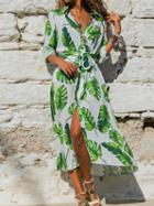 Choies White Chiffon Leaf Print Tie Waist Long Sleeve Women Maxi Dress