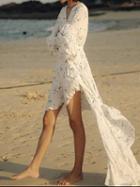 Choies White Cotton V-neck Floral Print Flare Sleeve Chic Women Maxi Dress