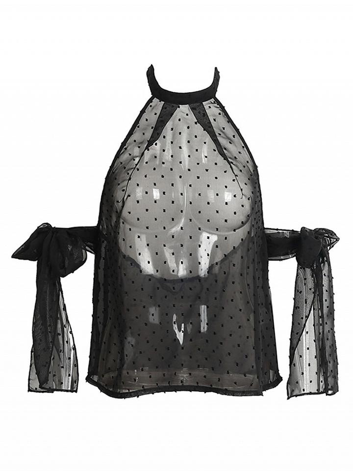 Choies Black Choker Neck Tie Sleeve Open Back Sheer Top