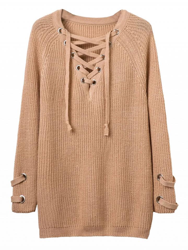Choies Khaki Plunge Neck Lace Up Front Long Sleeve Knit Dress