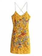 Choies Yellow V-neck Embroidery Floral Strap Back Cross Lace Dress