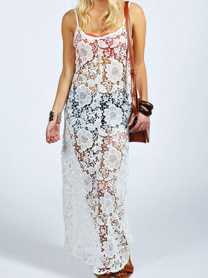 Choies White Crochet Lace Spaghetti Strap Maxi Dress