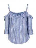 Choies Blue Cold Shoulder Patterned Ruffle Cami Top