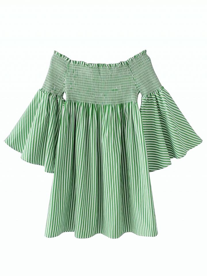 Choies Green Stripe Off Shoulder Shirred Bell Sleeve Dress