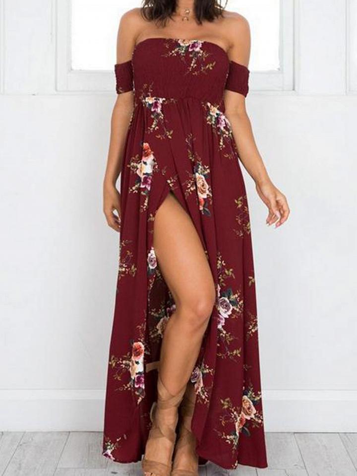 Choies Burgundy Off Shoulder Floral Print Wrap Maxi Dress