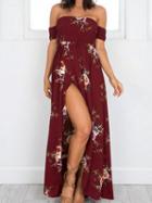 Choies Burgundy Off Shoulder Floral Print Wrap Maxi Dress