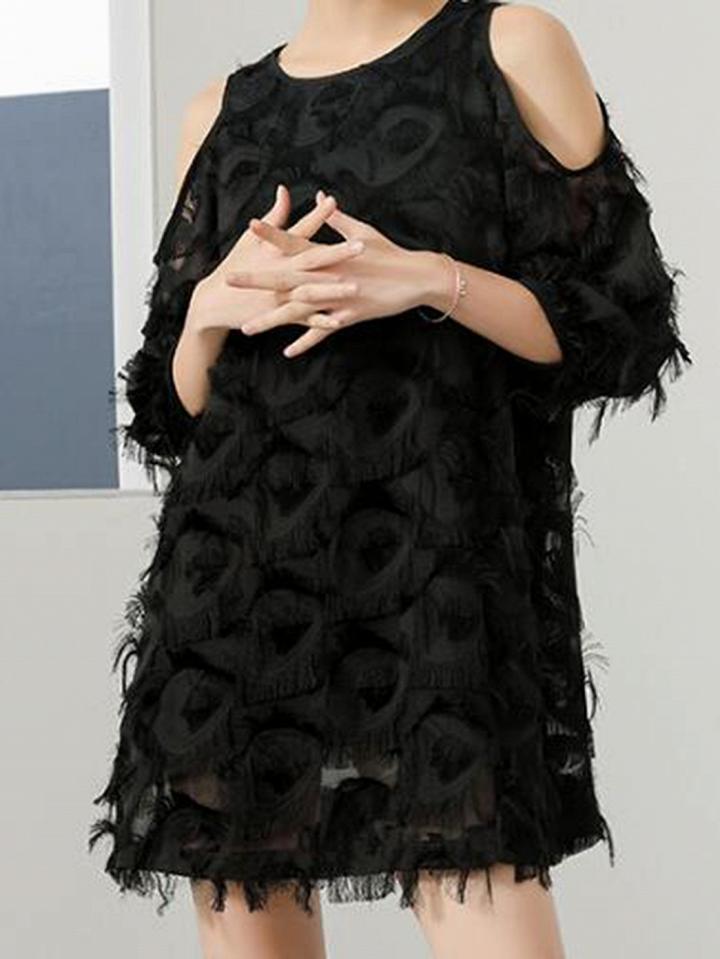 Choies Black Cold Shoulder Tassel Trim Detail Chic Women Lace Mini Dress